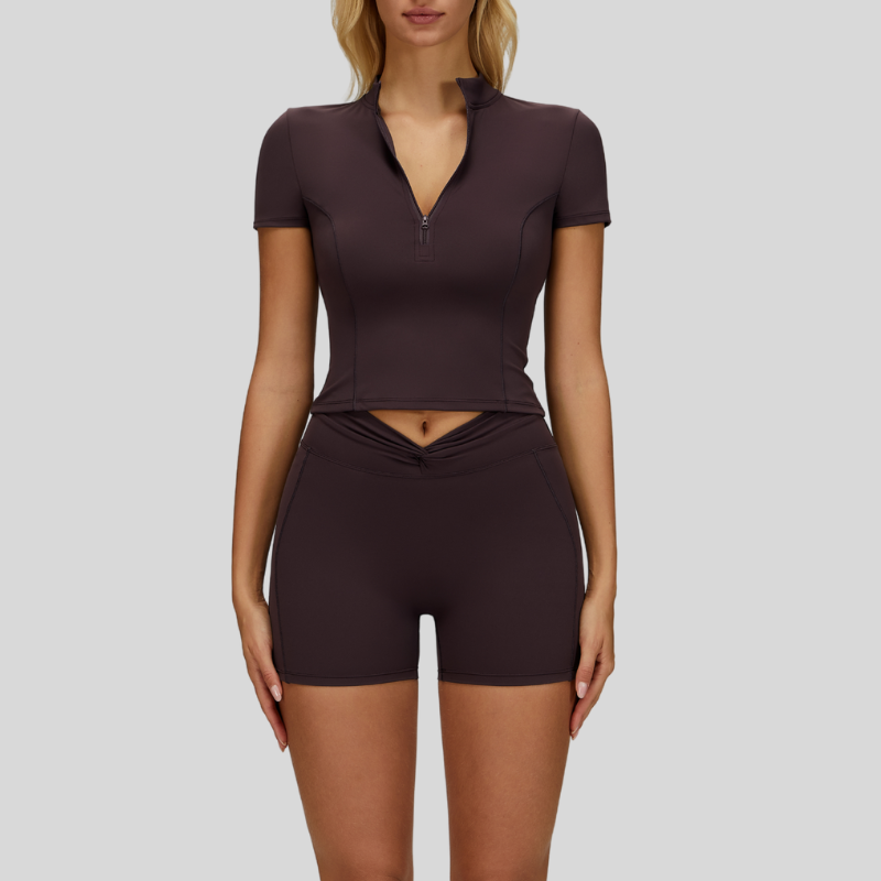 Slim-fit stand-up collar short-sleeved top+Pleated waistband sport shorts 2-piece set