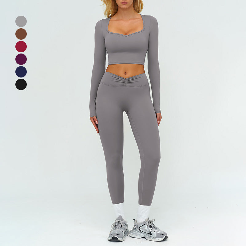 Slim-fitting long-sleeved top + tight-fitting athletic leggings 2-piece set