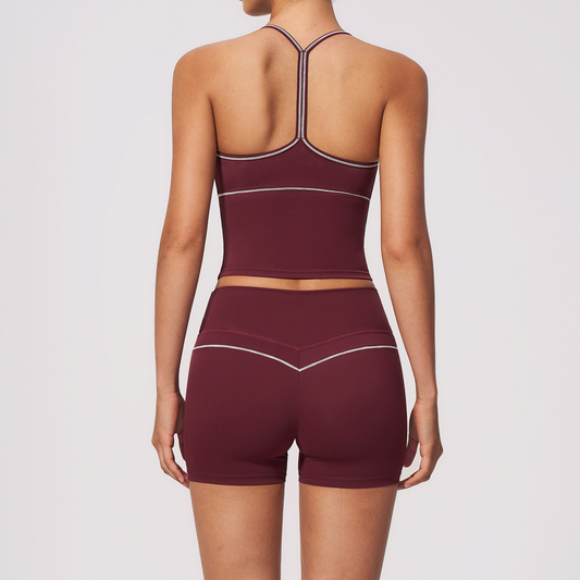 Wholesale Women's Brushed Yoga Set: Halter V-Neck Bra & Shorts – Colorblock Quick-Dry