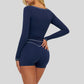 Color-blocked long-sleeved sports top+High waisted shorts 2-piece set