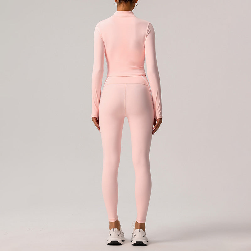 Stand-Collar Cropped Jacket + High-Waisted Color-Blocked Leggings 2-Piece Set