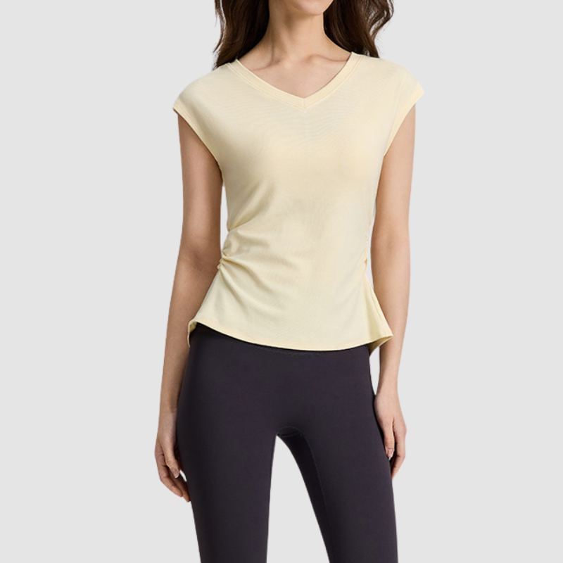 Wholesale Women's V-Neck Open-Back Short Sleeve Yoga T-Shirt – Pilates Bare-Feel Fitness Top