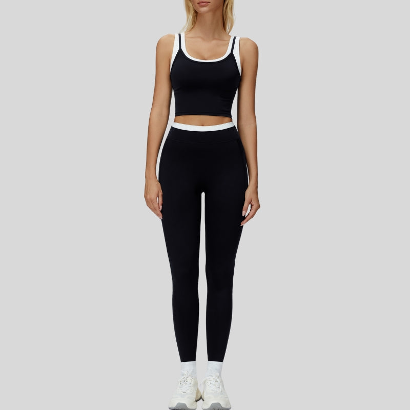 Two-piece contrasting sports tank top+sports leggings 2-piece set