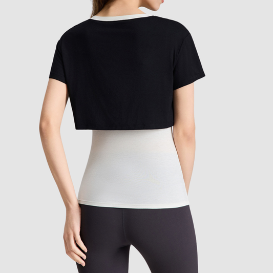 Wholesale Women's Color-Block Faux Two-Piece Yoga Short-Sleeve Top