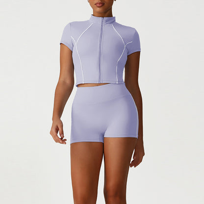 Stand-Collar Cropped Jacket + High-Waisted Butt-Lifting Shorts 2-Piece Set
