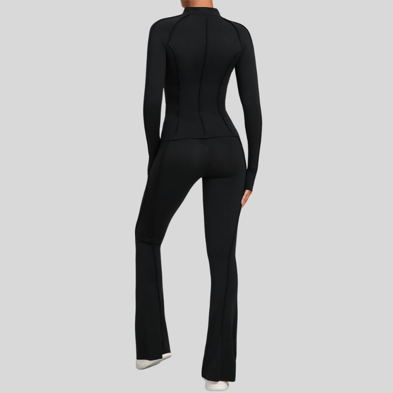 Thumb-buckle zipper jacket + slightly flared pants + sports bra 3-piece set