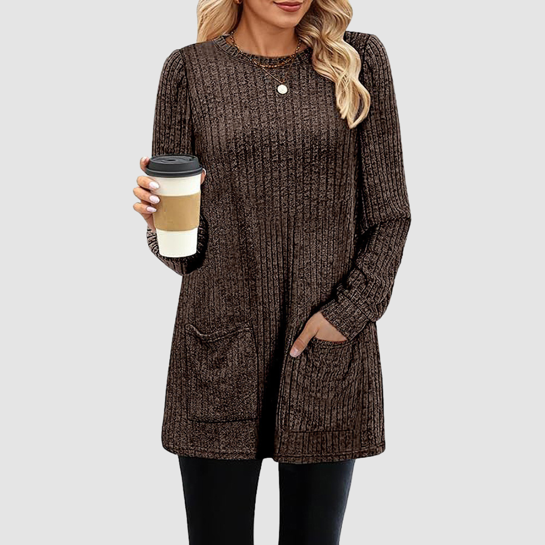 Wholesale Women’s Ribbed Pocket Tunic Sweater – Mid-Long Knit Pullover