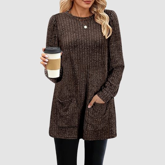 Wholesale Women’s Ribbed Pocket Tunic Sweater – Mid-Long Knit Pullover