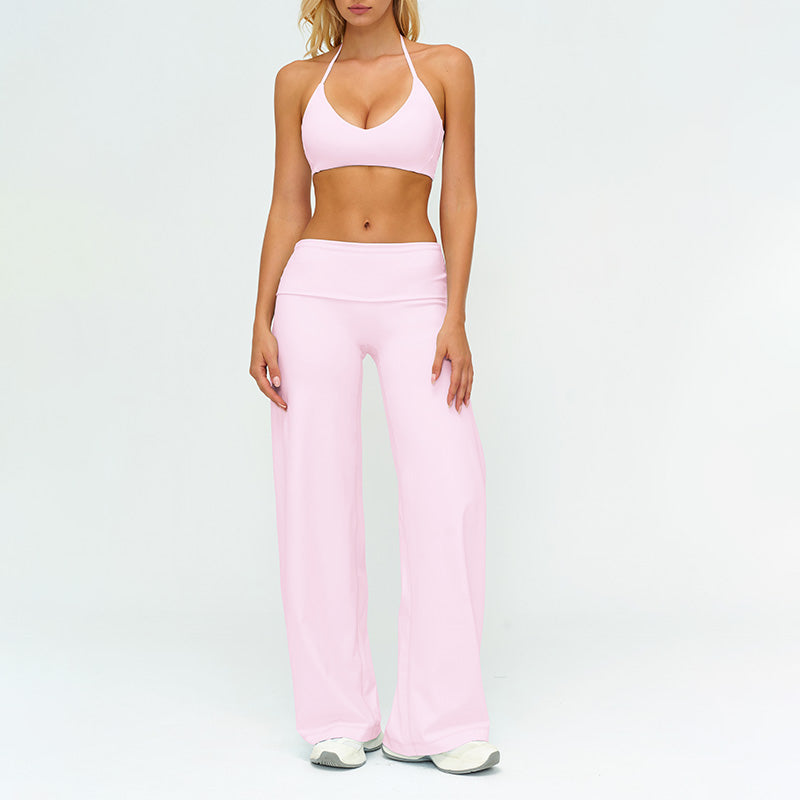 V-neck backless sports bra + high-waisted loose wide-leg pants 2-piece set