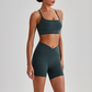 Wholesale Brushed Naked-Feel Open-Back Sports Bra & High-Waist Shorts Set – Sculpting Yoga 2-Piece
