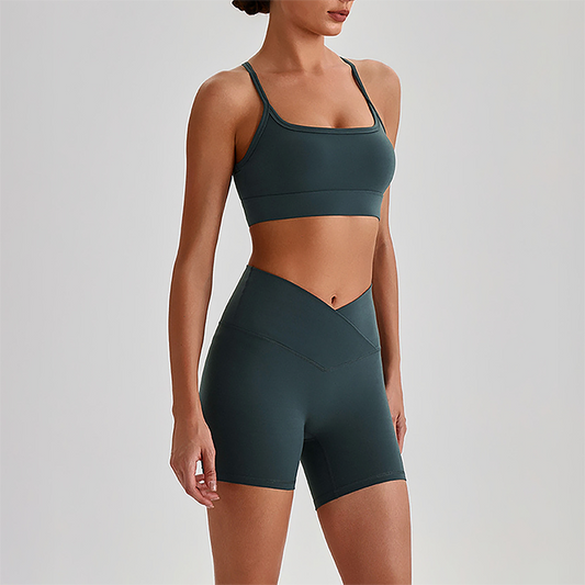 Wholesale Brushed Naked-Feel Open-Back Sports Bra & High-Waist Shorts Set – Sculpting Yoga 2-Piece
