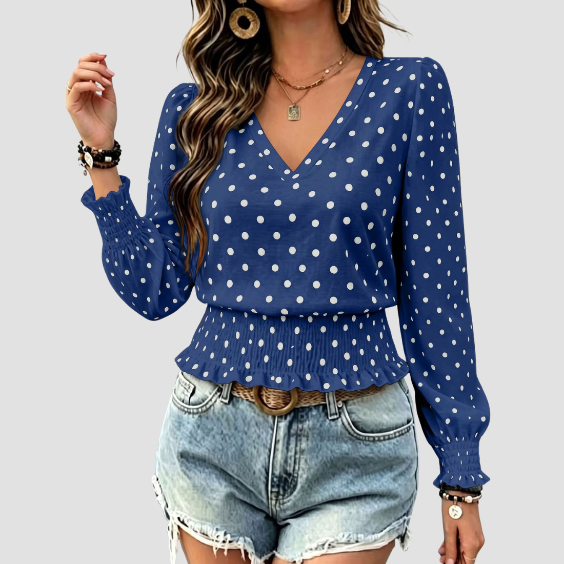 Wholesale Women's Round neck printed polka dot long sleeve V-neck fashionable casual top
