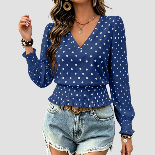 Wholesale Women's Round neck printed polka dot long sleeve V-neck fashionable casual top