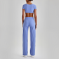 Wholesale Women's Short Sleeve Exposed Back Bra+Naked Feel Straight Leg Pants Yoga Set