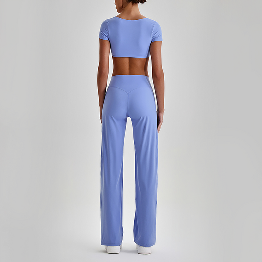 Wholesale Women's Short Sleeve Exposed Back Bra+Naked Feel Straight Leg Pants Yoga Set