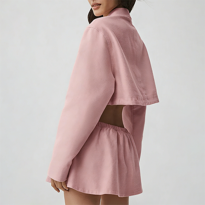 Wholesale Cotton-Blend Drawstring Zip Jacket & Mini Skirt Set – 2-Piece Casual Sports Matching Set