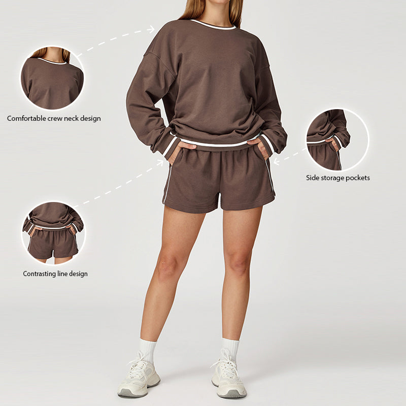 Contrasting Color long sleeve Sweatshirt + loose shorts 2 pieces set