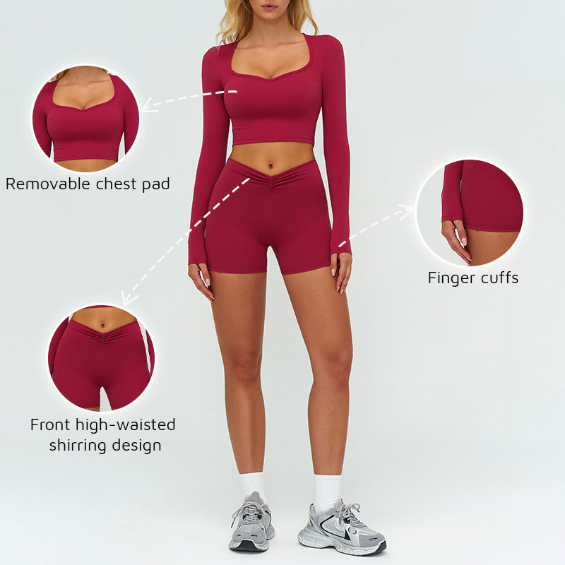 Slim-fitting long-sleeved top + tight-fitting athletic shorts 2-piece set