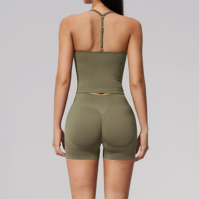 Wholesale Women's Halter V-Neck Seamless Yoga Set – High-Waist Butt-Lifting Sports Bra & Shorts