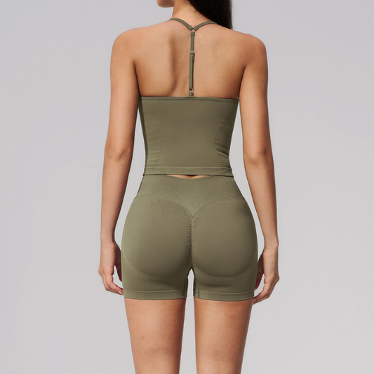 Wholesale Women's Halter V-Neck Seamless Yoga Set – High-Waist Butt-Lifting Sports Bra & Shorts