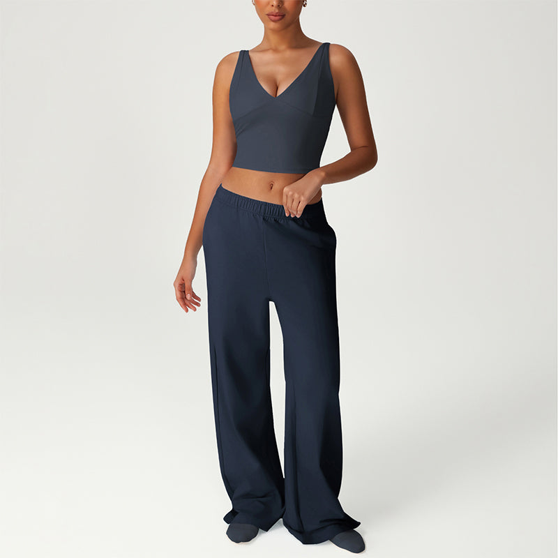 V-Neck Crop Top + Loose Sports Pants 2-Piece Set