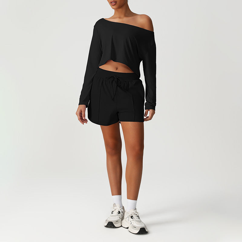 Quick-Drying Cropped Long Sleeves + Drawstring Shorts 2-Piece Set