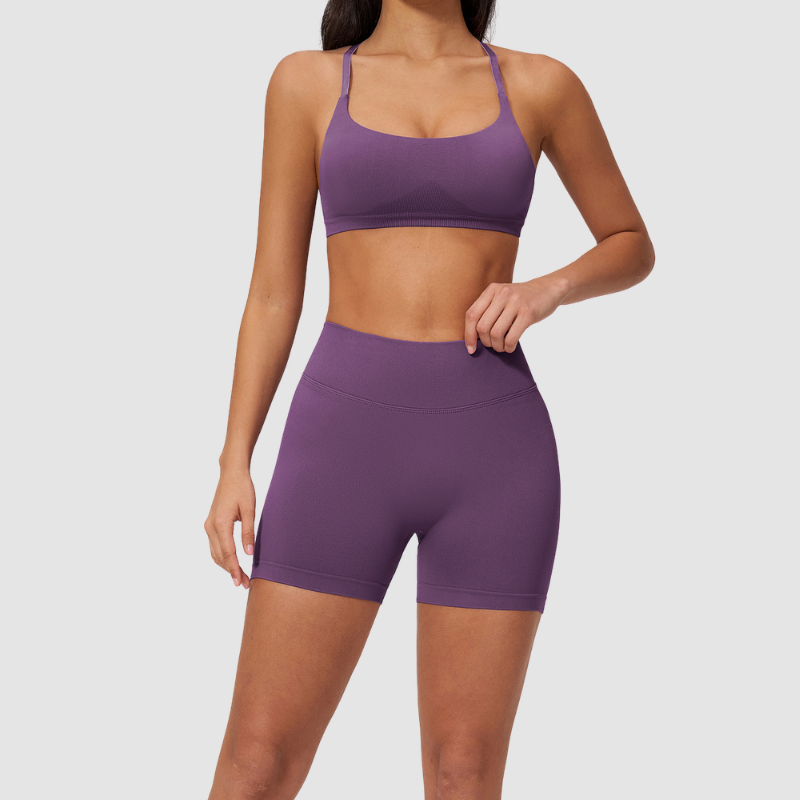 Wholesale Seamless Cross-Back Sports Bra & High-Waist Biker Shorts Set – Quick-Dry Yoga 2-Piece