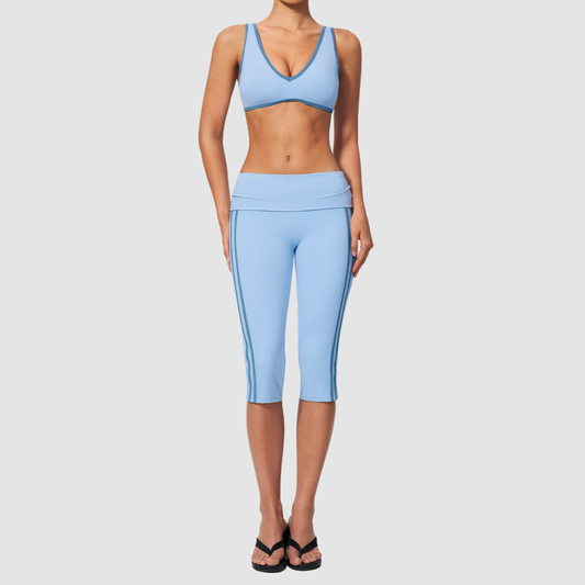 Wholesale color-blocked V-neck sports bra & striped cropped pants set