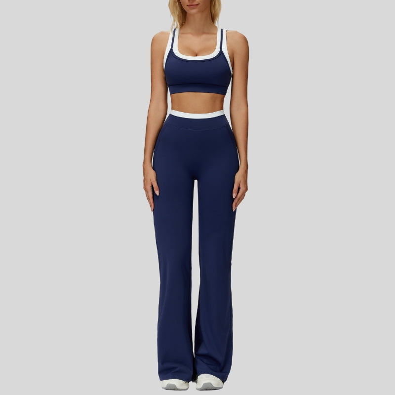 Contrast color sports bra + sport slightly flared pants 2-piece set