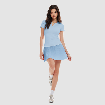 Wholesale Women's V-Neck Open-Back Short Sleeve Top & Pleated Skirt Set