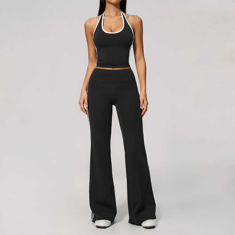 Wholesale Women's Bare-Feel Color-Block Tank Top & High waisted flared pants Set