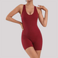 Wholesale Women's Open-Back Athletic Bodysuit – Cloud-Feel Double-Sided Quick-Dry Shorts Jumpsuit