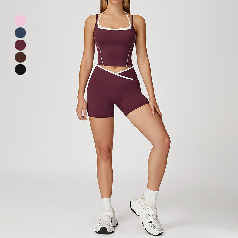 Fake two-piece halter tank top + High Waist Shorts 2-piece Set