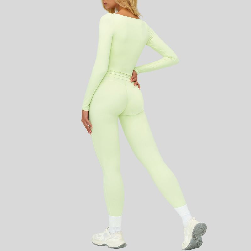 Color-blocked long-sleeved sports top+High waisted leggings 2-piece set