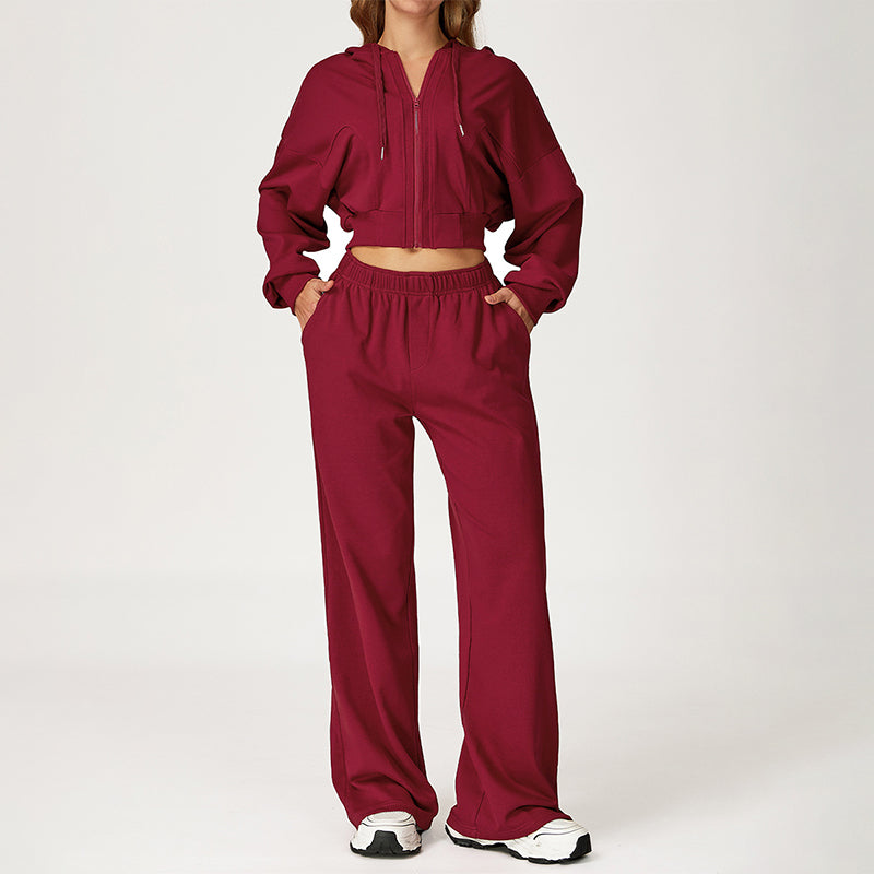 LOOSE HOODED AND FULL ZIPPER SWEATSHIRT + DRAWSTRING SWEATPANTS 2 PIECES SET