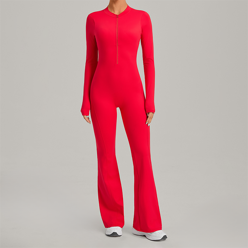 Zipper long sleeved backless fitness jumpsuit