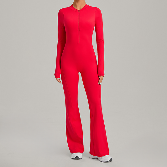 Zipper long sleeved backless fitness jumpsuit