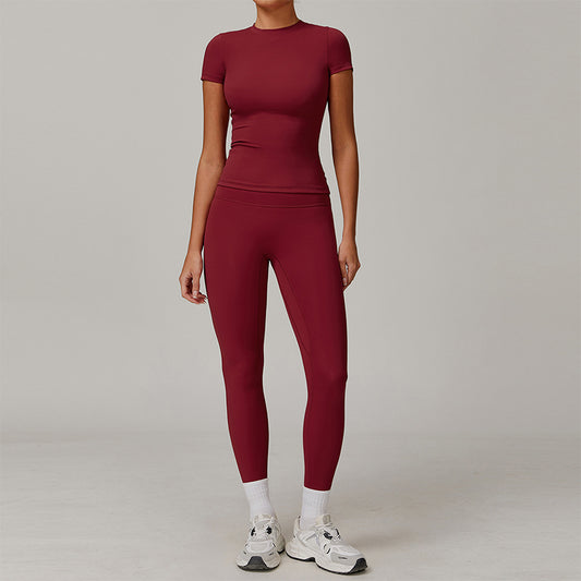 Top deportivo de manga corto cepillado + Leggings de cintura alta de 2 piezas