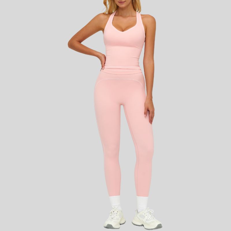 Contrasting racerback tank top+High waisted leggings 2-piece set