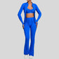 Thumb-buckle zipper jacket + slightly flared pants + sports bra 3-piece set