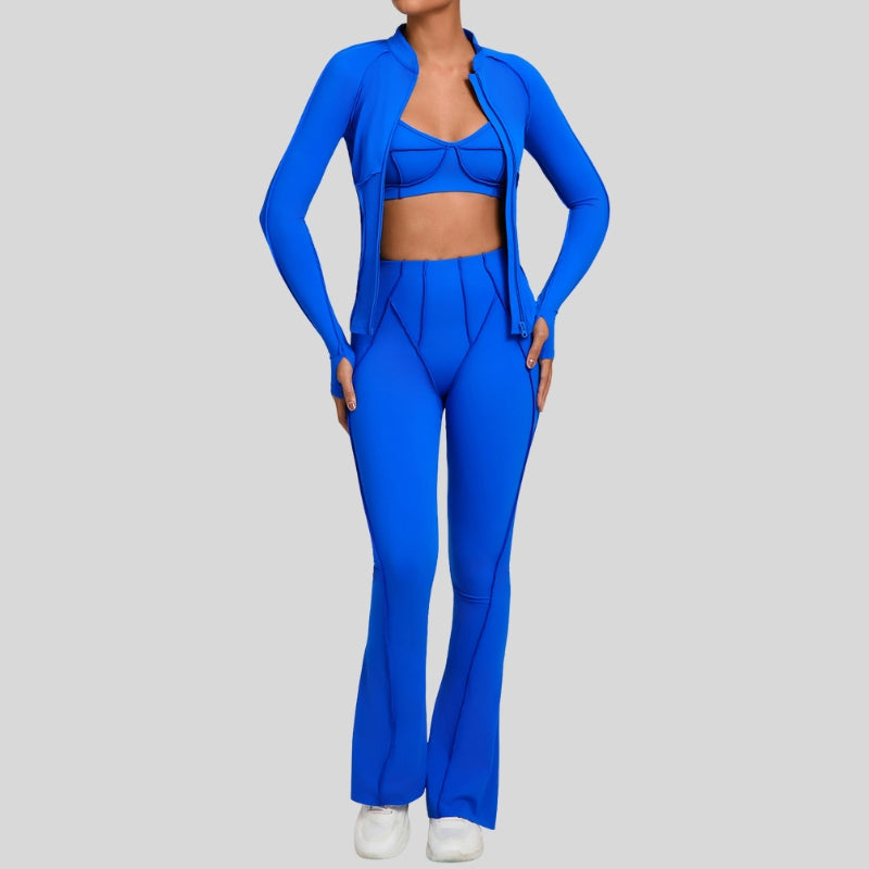 Thumb-buckle zipper jacket + slightly flared pants + sports bra 3-piece set