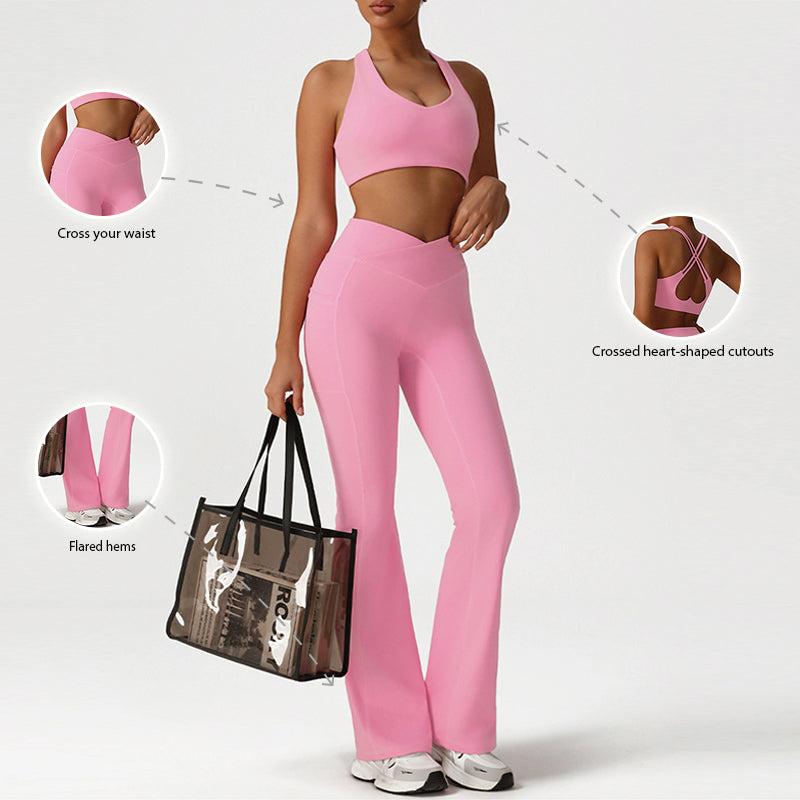 Cross-Back Sports Bra + Flared Leg Pants 2-Piece Set