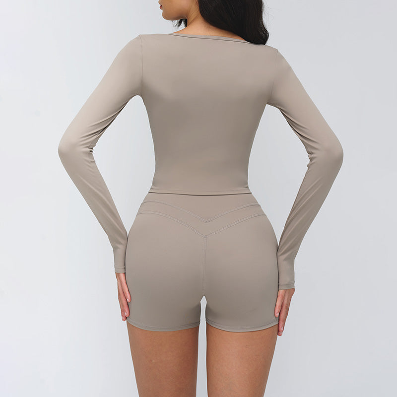 V-neck slim-fit long-sleeved top + High waist shorts 2-piece set