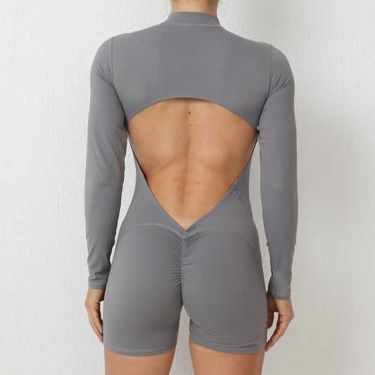 backless half zipper long sleeve yoga shorts jumpsuit