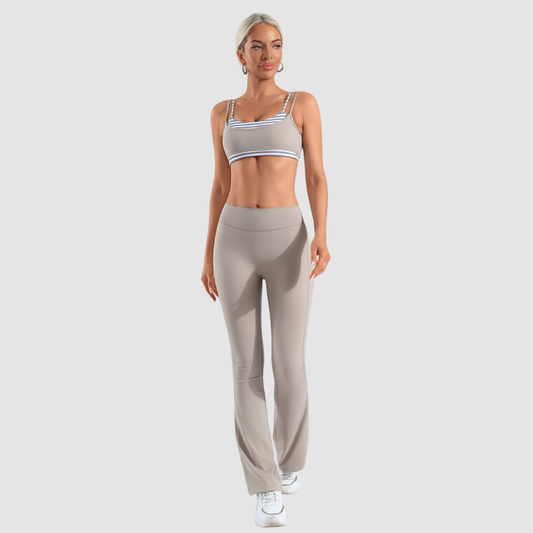 Wholesale Women's Naked-Feel Contrast Grid Sports Bra & Flared Yoga Pants
