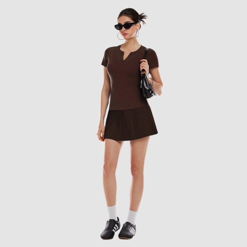 Wholesale Women's V-Neck Open-Back Short Sleeve Top & Pleated Skirt Set
