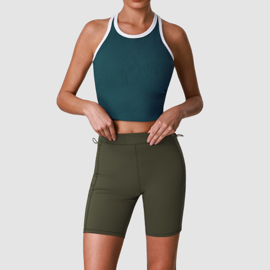 Wholesale Women's Color-Block Racerback Tank Top + High-Waist Cycling Shorts Set – Gym Yoga Fitness Set
