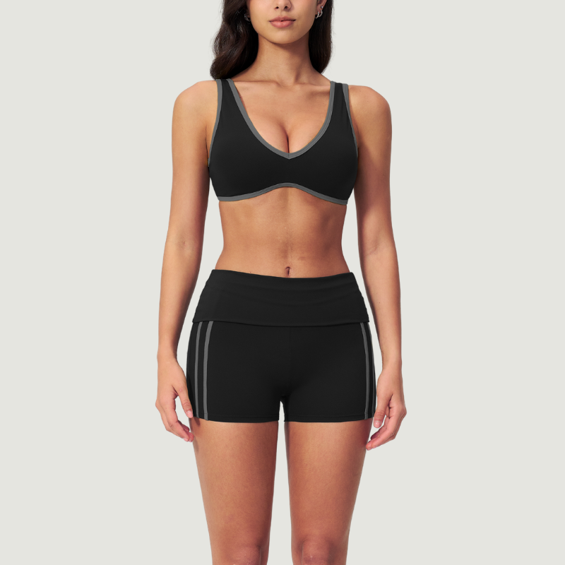 Wholesale Color Block V-Neck Sports Bra & Fold-Up Shorts Set