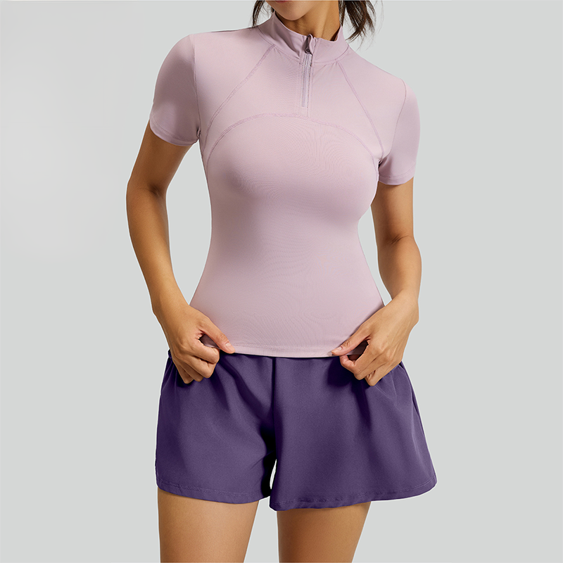 Wholesale Women's Mesh Yoga Set: Half-Zip Short Sleeve Top & Shorts
