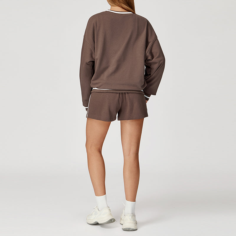 Contrasting Color long sleeve Sweatshirt + loose shorts 2 pieces set
